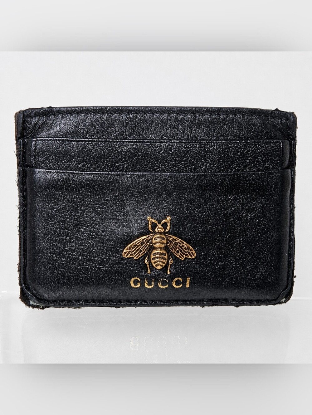Gucci Animalier Bee Black Leather Slim Card Holder Case Wallet 523685 Unisex